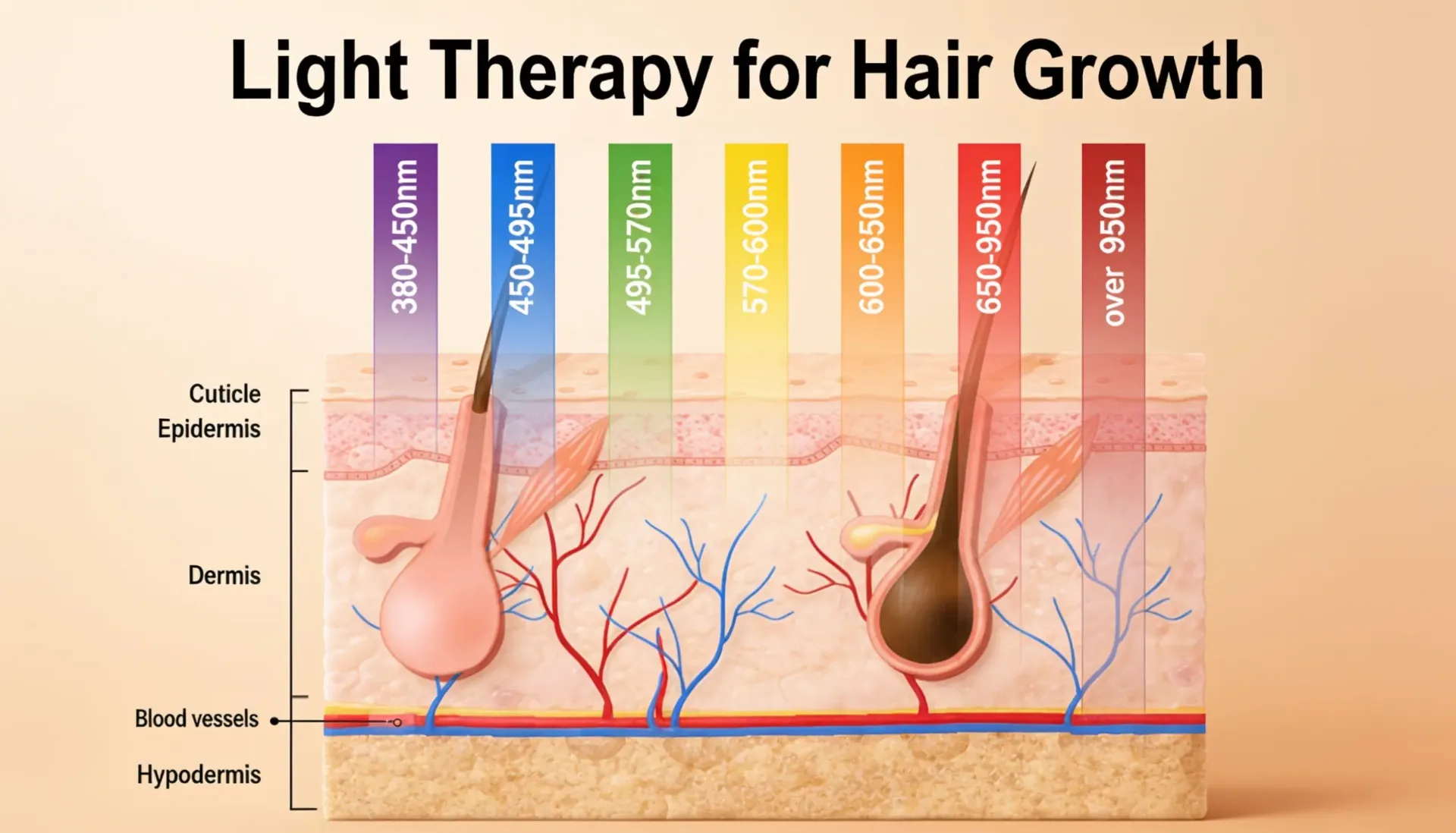 Multi-wavelength LED light therapy penetrating scalp layers